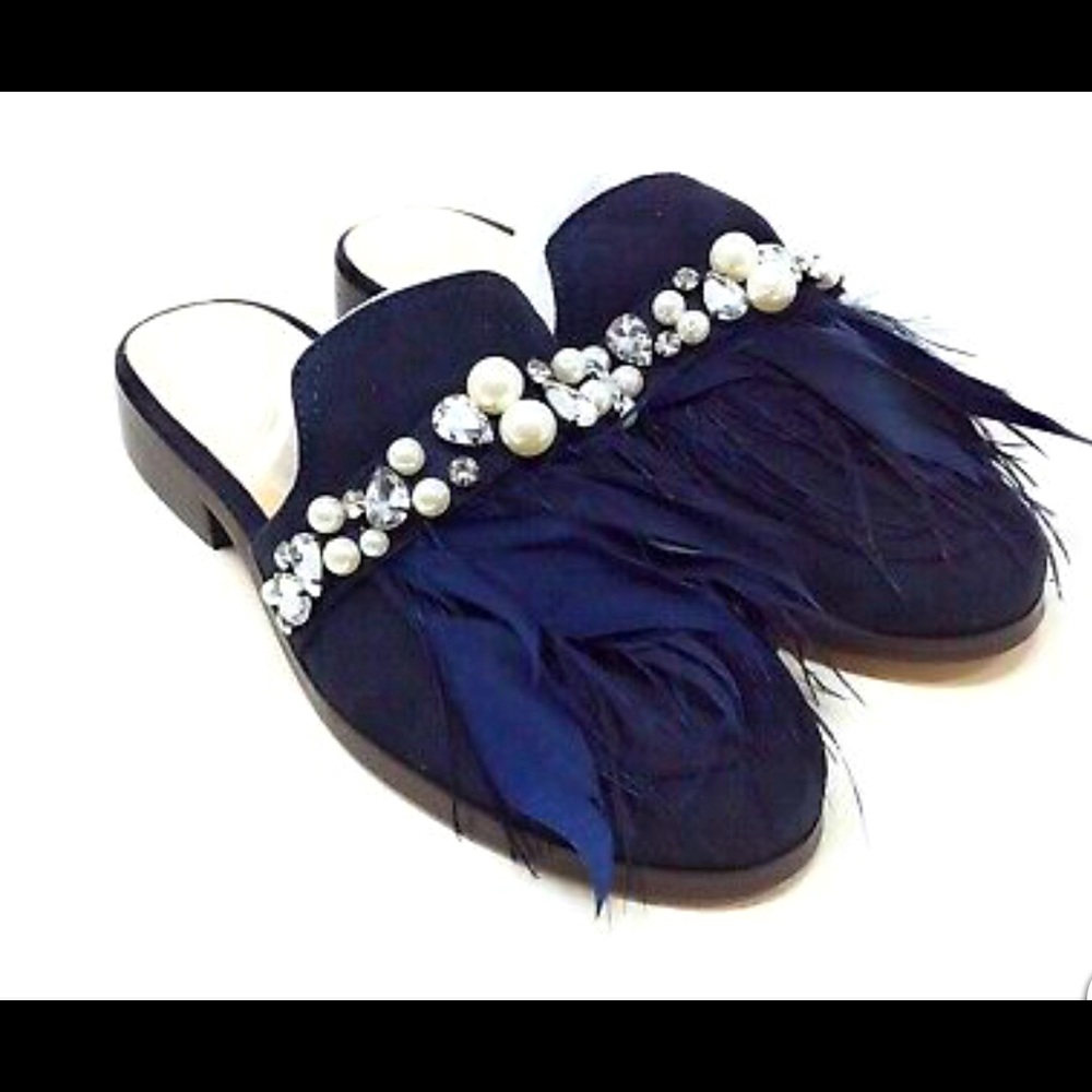 Navy blue NW mules w/ pearls and feathers accents